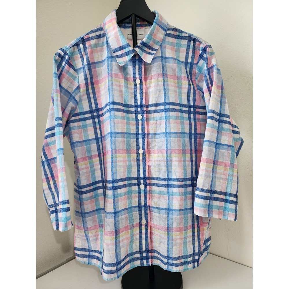 Alfred Dunner Womens Medium Plaid Button Front Shirt 3/4 Sleeve Pastel M